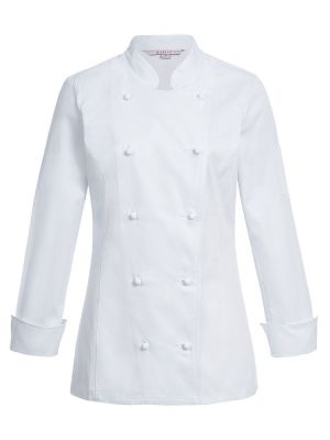 Figurbetonte Kochjacke Damen günstig in Weiß mit Stehkragen und Wiener Nähten – moderne Berufsbekleidung für die Küche