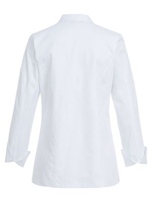 Figurbetonte Kochjacke Damen günstig in Weiß mit Stehkragen und Wiener Nähten – moderne Berufsbekleidung für die Küche