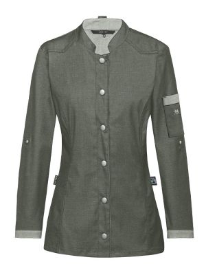 Ausgefallene Damen Kochjacke in Olivgrün mit Bikerstyle, Stehkragen und Druckknöpfen