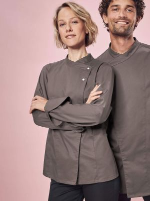 Moderne Kochjacke Damen Braun mit tailliertem Schnitt, Lüftungslöchern und Jerseyrücken