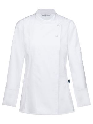 Moderne Kochjacke Damen Weiß mit femininer Passform, Jerseyrücken und verdeckten Druckknöpfen