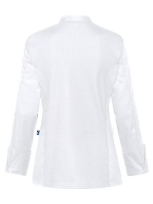 Moderne Kochjacke Damen Weiß mit femininer Passform, Jerseyrücken und verdeckten Druckknöpfen