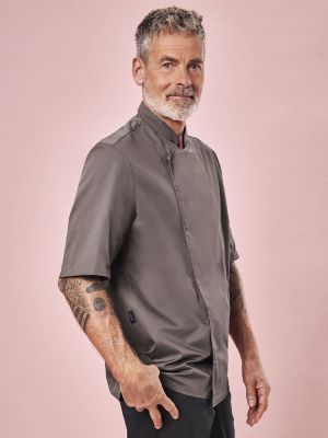 Braune Kochjacke Herren Kurzarm mit Stehkragen und verdeckter Knopfleiste – modische Wahl für Küche, Service und Gastronomie