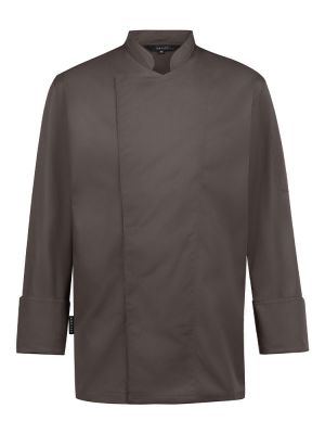 Kochjacke Herren Langarm in Braun mit verdeckten Druckknöpfen, Armtasche und Lüftungslöchern – strapazierfähige und pflegeleichte Berufsbekleidung für Köche, Bäcker und Konditoren.