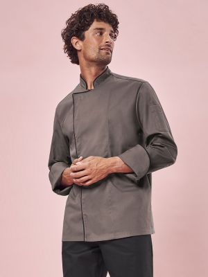 Herren Kochjacke in Braun im Regular Fit-Schnitt, verdeckten Druckknöpfen, modischen Kontrastpaspeln an der Knopfleiste