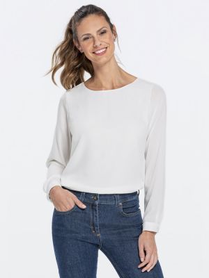 Damen Chiffon-Bluse Langarm Regular Fit in Offwhite, mit Rundhalsausschnitt und schmaler Manschette