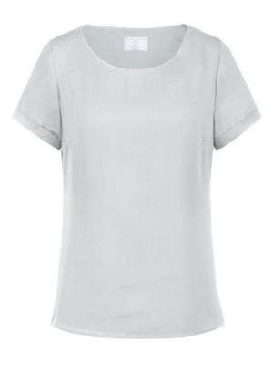 Graue Damen-Chiffonbluse mit kurzem Arm, fließendem Stoff und modernem T-Shirt-Schnitt für Business und Service.