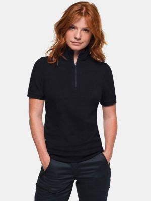 Schwarzes Damen Zip-Shirt aus Piqué mit figurbetonter Passform, kurzem Reißverschluss und elastischem Bund an Saum und Ärmeln