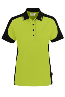 Grünes Damen Arbeits Poloshirt mit schwarzen Kontrasteinsätzen und Vier-Loch-Knopfleiste – strapazierfähig und pflegeleicht für Handwerk, Pflege und Gastronomie.