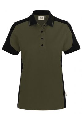 Olivgrünes Damen Arbeits Poloshirt mit schwarzen Kontrasteinsätzen und Vier-Loch-Knopfleiste – strapazierfähig und pflegeleicht für Handwerk, Pflege und Gastronomie.