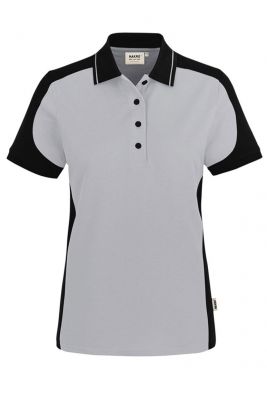 Graues Damen Arbeits Poloshirt mit schwarzen Kontrasteinsätzen – strapazierfähig & pflegeleicht