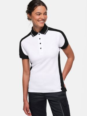 Weißes Damen Arbeits Poloshirt mit schwarzen Kontrasteinsätzen und Vier-Loch-Knopfleiste – strapazierfähig und pflegeleicht für Handwerk, Pflege und Gastronomie