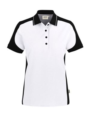 Weißes Damen Arbeits Poloshirt mit schwarzen Kontrasteinsätzen und Vier-Loch-Knopfleiste – strapazierfähig und pflegeleicht für Handwerk, Pflege und Gastronomie