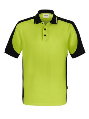 Knallig grünes Herren Arbeits Poloshirt mit schwarzen Kontrasteinsätzen und Drei-Loch-Knopfleiste – strapazierfähig und pflegeleicht für Handwerk, Pflege und Gastronomie.