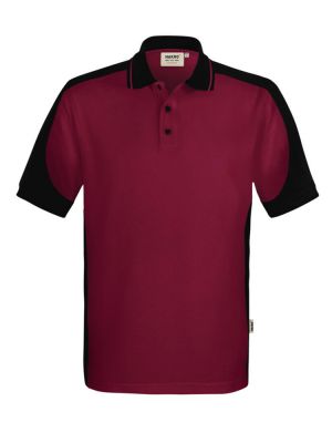 Weinrotes Herren Arbeits Poloshirt mit schwarzen Kontrasteinsätzen und Drei-Loch-Knopfleiste – strapazierfähig und pflegeleicht für Handwerk, Pflege und Gastronomie