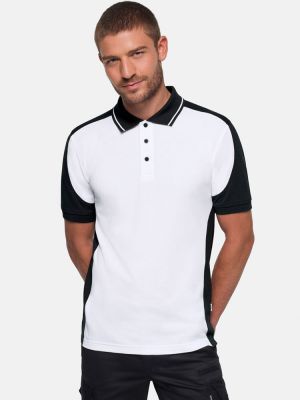 Weißes Herren Arbeits Poloshirt mit schwarzen Kontrasteinsätzen und Drei-Loch-Knopfleiste – strapazierfähig und pflegeleicht für Handwerk, Pflege und Gastronomie