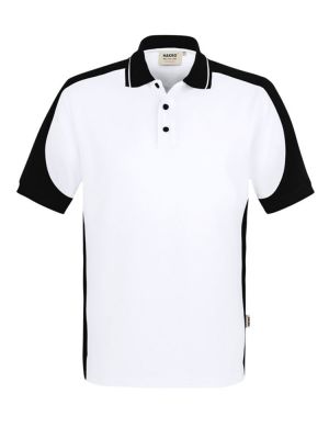 Weißes Herren Arbeits Poloshirt mit schwarzen Kontrasteinsätzen und Drei-Loch-Knopfleiste – strapazierfähig und pflegeleicht für Handwerk, Pflege und Gastronomie