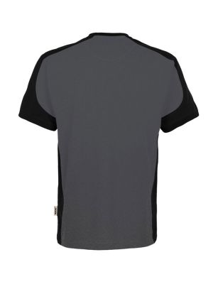 Anthrazitfarbenes Arbeits T-Shirt mit schwarzen Kontrasteinsätzen – ideal für Stickerei oder Druck mit Firmenlogo.