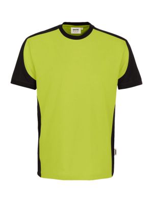 Kiwi-grünes Arbeitsshirt mit dunklen Kontrasteinsätzen – ideal für Veredelung mit Firmenlogo.