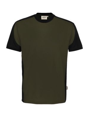 Olivgrünes Arbeits T-Shirt mit dunklen Kontrasteinsätzen – ideal für Outdoor-Workwear & Firmenlogo.