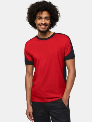 Rotes Arbeitsshirt mit schwarzen Kontrasteinsätzen an Schultern, Seiten und Ärmeln – Unisex-Modell.