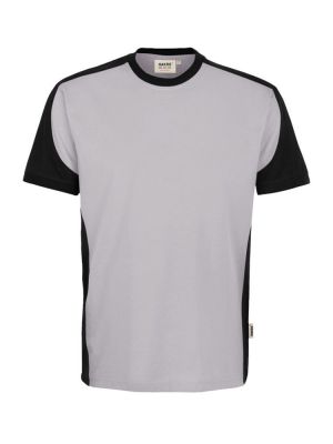 Graues Arbeits T-Shirt mit dunklen Kontrasteinsätzen – unisex, pflegeleicht und geeignet für Workwear mit Firmenlogo.