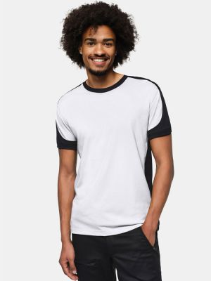 Weißes Arbeits T-Shirt mit schwarzen Kontrasteinsätzen an Ärmeln, Seiten und Kragen.