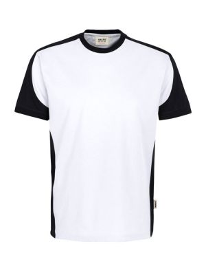 Weißes Arbeits T-Shirt mit schwarzen Kontrasteinsätzen an Ärmeln, Seiten und Kragen.