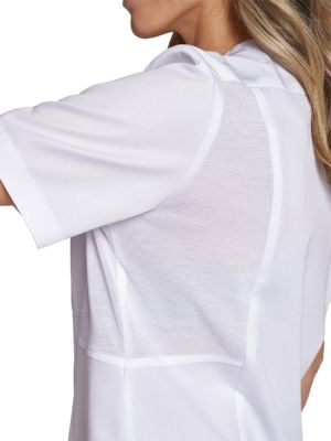 Kasack Damen Weiß – Longtop mit V-Ausschnitt, Druckknopfleiste und Taschen für medizinische Berufe, Pflege und Kosmetik