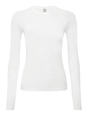 Damen Langarmshirt Weiß mit Jacquard-Zonen und 4-Wege-Stretch, als Base Layer oder solo, Größen XS–3XL, für Arbeit und Freizeit.